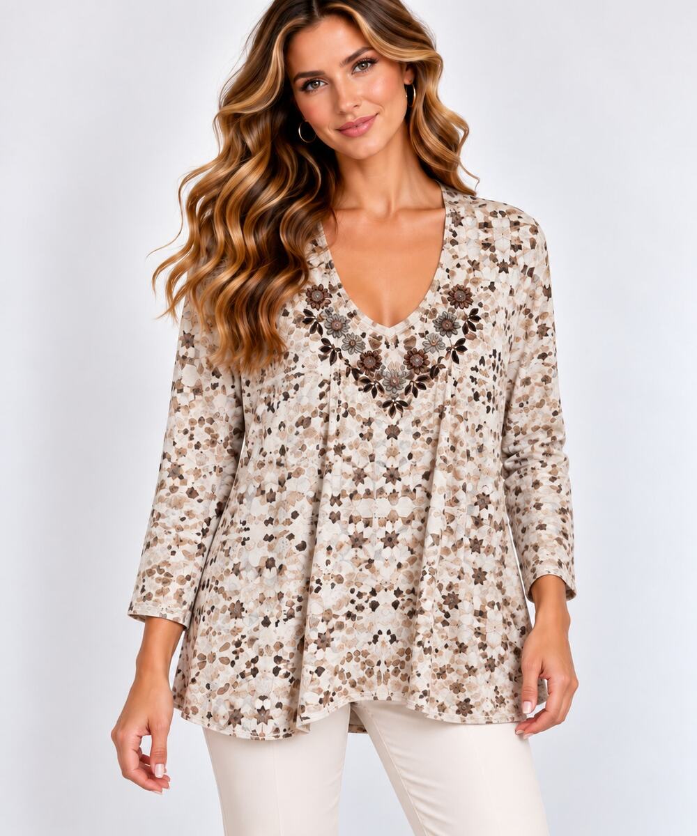 Susan Graver Artisan Liquid Knit Blouse Womens Size M Beaded Brown Earthy Office